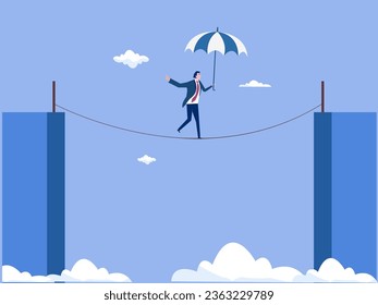 Business or investment risk protection, challenge, danger and difficulty to overcome to success in work and career concept, confident brave businessman ropewalker equilibrium walk on high tight rope.