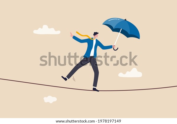Business or investment risk protection, challenge,\
danger and difficulty to overcome to success in work and career\
concept, confident brave businessman ropewalker equilibrium walk on\
high tight rope.
