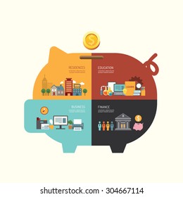 Business investment saving concept infographic piggy bank shape icons flat design,vector illustration