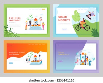 Business Investment Startup Landing Page Template. Career Boost Concept with Characters Launches Rocket Using Mobile Devices for Website or Web Page. Vector illustration