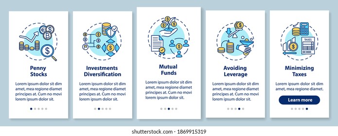 Business investment tips onboarding mobile app page screen with concepts. Finances and economics walkthrough five steps graphic instructions. UI vector template with RGB color illustrations