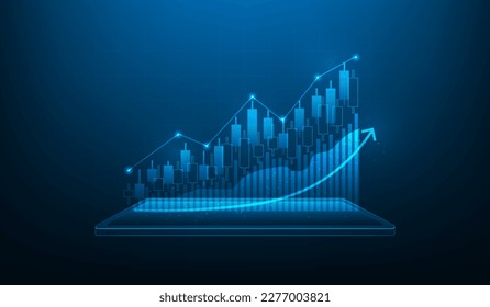 Börsenwachstum bei Unternehmensinvestitionen auf Tablet. Finden Sie Devisenhandel Kerzenhalter-Technologie. Wirtschaftstrends stellen die Statistik der Aktienmärkte dar. Vektorgrafik fantastische Technologie.