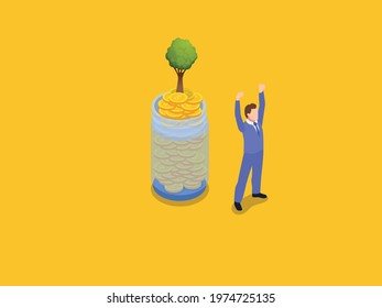 Business investment vector concept. Businessman feeling happy while standing near a jar glass with money tree
