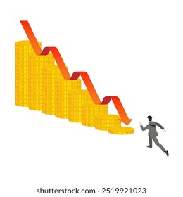 Ilustración vectorial empresarial y de inversión de un hombre de negocios que corre a las monedas de oro con una caída económica de flecha roja. Desafíos de la crisis financiera, la recesión y la moneda en la economía global.