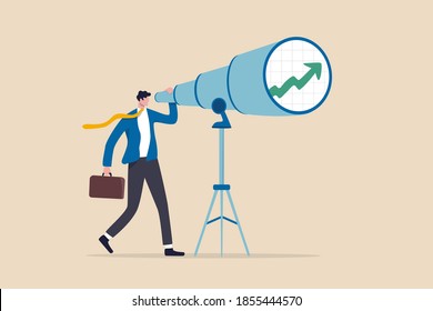 Business and investment vision to see ahead future return or ability to see opportunities for work and career concept, smart businessman investor look into huge telescope to see rising up green graph.