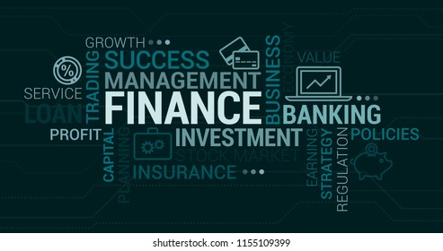 Business, investments and finance tag cloud with icons and concepts