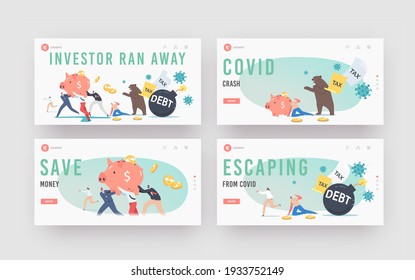 Business Investor Characters Run Away from Pathogen Landing Page Template Set. Bear Market at Covid-19 Pandemic, Stock Market Panic Sell due to Novel Coronavirus. Cartoon People Vector Illustration