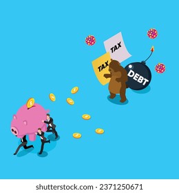 Business Investor Characters Run Away from financial crisis, tax, debt 3d vector illustration concept for banner, website, illustration, landing page, flyer, etc
