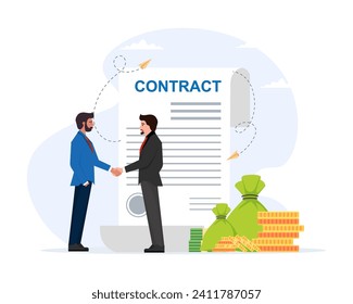 Business and investor people shaking hands over contract after successful negotiations vector illustration.