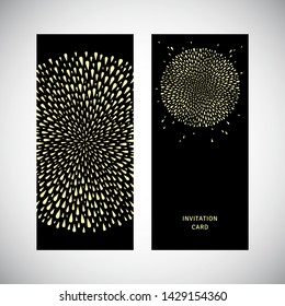Business, invitation gold card design. Celebration, holiday vector layout. Golden foil luxury decoration. Round radial shape, circle made of uneven glittering drops, droplets, tears, spatter, splatter