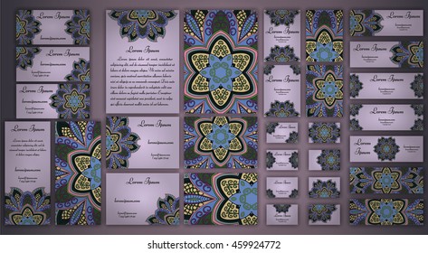 Business and invitation template Cards set with mandala ornament. Vintage decorative elements. Hand drawn background. Islam, Arabic, Indian, ottoman motifs.