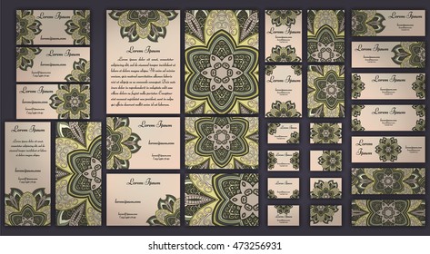Business and invitation template Cards set with mandala ornament. Vintage decorative elements. Hand drawn background. Islam, Arabic, Indian, ottoman motifs.