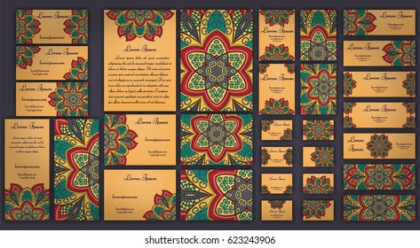 Business and invitation template Cards set with mandala ornament. Vintage decorative elements. Hand drawn background. Islam, Arabic, Indian, ottoman motifs.