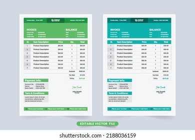 Business invoice decoration element vector. Price receipt and payment agreement template. Order Register and invoice bill template with green and blue colors. Creative invoice template design.