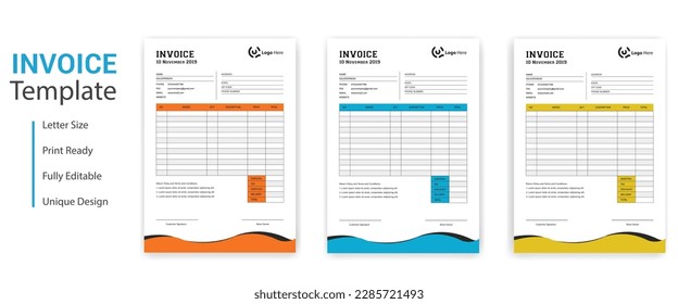 Business invoice form template. Invoicing quotes, money bills or price invoices and payment agreement design templates. Tax form, bill graphic or payment receipt page vector set