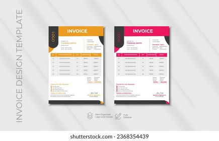 Business invoice form template. Invoicing quotes, money bills or price invoices and payment agreement design templates