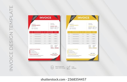 Business invoice form template. Invoicing quotes, money bills or price invoices and payment agreement design templates