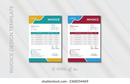 Business invoice form template. Invoicing quotes, money bills or price invoices and payment agreement design templates