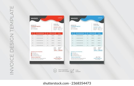 Business invoice form template. Invoicing quotes, money bills or price invoices and payment agreement design templates