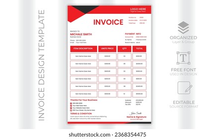 Business invoice form template. Invoicing quotes, money bills or price invoices and payment agreement design templates