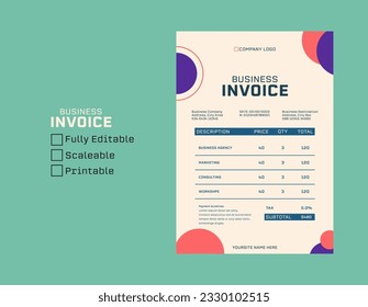 Business invoice minimal design template design. Bill form business invoice accounting, marketing, agency, workshop. Invoicing quotes, finance bills or tax invoices and payment agreement design.