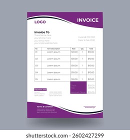 Business invoice template design with purple color