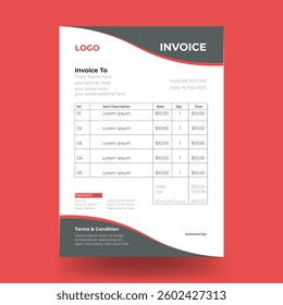 Business invoice template design with red and black color