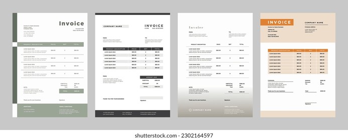 Business Invoice template. Professional payment agreement layout, corporate bill spreadsheet receipt and invoices for customer vector set of payment form document, receipt tax or bill illustration