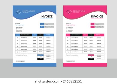 Business Invoice template. Professional payment agreement layout, corporate bill spreadsheet receipt and invoices for customer vector set of payment form document, receipt tax or bill illustration