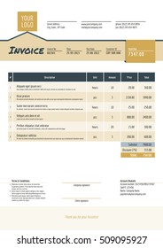 Business invoice template. Stationery design. Vector illustration. Invoice form. Golden and black color theme