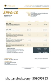 Business invoice template. Stationery design. Vector illustration. Invoice form. Golden and black color theme