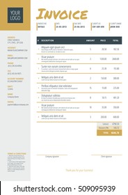 Business invoice template. Stationery design. Vector illustration. Invoice form. Golden and black color theme
