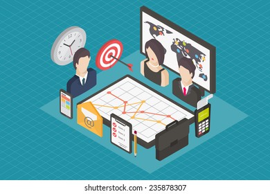Business isometric 3d icons, office flat infographic elements. Vector set.
