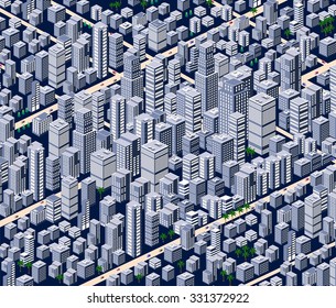 Business isometric city with many different houses, offices, skyscrapers, supermarkets and streets with traffic.