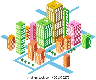 Business isometric city with many different houses, offices, skyscrapers, supermarkets and streets with traffic.