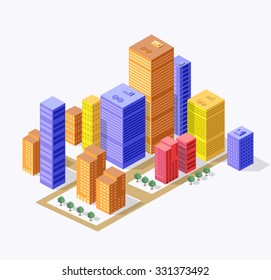 Business isometric city with many different houses, offices, skyscrapers, supermarkets and streets with traffic.