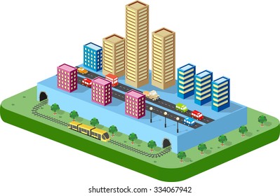 Business isometric city with many different houses, offices, skyscrapers, supermarkets and streets with traffic.