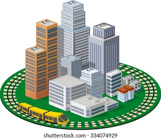 Business isometric city with many different houses, offices, skyscrapers, supermarkets and streets with traffic.