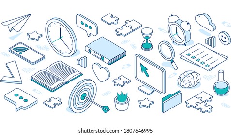 Business isometric icons with cloud, computer, phone and clock. Vector set of flat icons in concept of target, time, idea and search isolated on white background