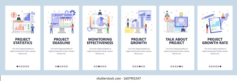 Business isometric icons, project analytics, financial chart, deadline, conference call. Mobile app onboarding screens. Menu vector banner template for website and mobile development. Web site design
