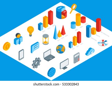 Business isometric icons set. Vector illustration. Infographics and statistic elements, graphics for data visualization. Bar and pie charts diagrams.