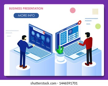 Business isometric illustration. Detailed isometric flat style. Expo and presentation of new digital product. Statistic data in isometric style.