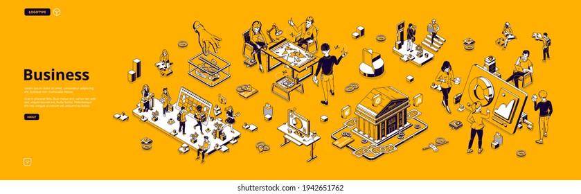 Business isometric landing, workplace with people