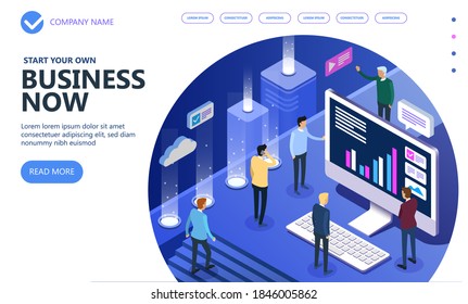 Business isometric people working together and developing a successful business strategy, Marketing and finance vector isometric concept, Vector illustration