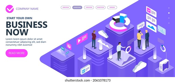 Business isometric territory, Employees do business in a technogenic environment, Concept of a modern business site, Marketing and finance vector isometric concept, Business people working together