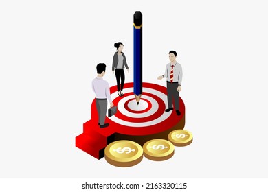 Business isometric web banner illustration, business and data analysis, statistical strategy, work team planning. Isometric successful business discussion