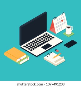 Business Isometric Workspace With Office Supplies Flat Design, Vector Illustration