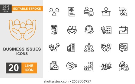 Business issues line editable icon set. Business problem, challenges, strategy, competition, risk management and more line icons.