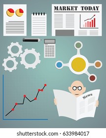 business item with charts and newspaper
