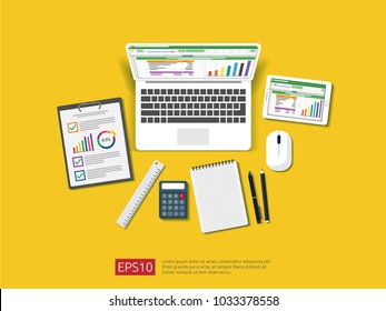 business item in flat style workplace design concept. laptop top view vector, office things and other objects for planning, accounting, analysis, audit, project management, marketing, research